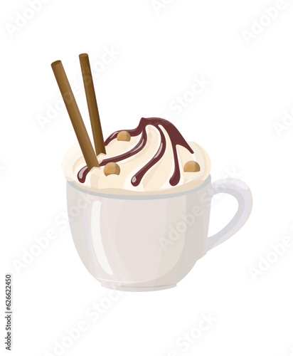 Glace coffee with crema and chocolate dragee isolated on white background. Cup of black natural coffee with ice cream added. Hand drawn vector illustration.