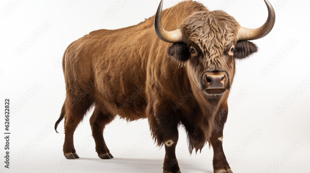 Majestätischer Stier auf weißem Hintergrund Majestätischer Stier auf weißem Hintergrund