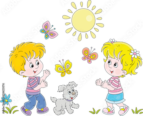 Happy little kids and their merry pup playing with colorful butterflies in a park on a sunny summer day, vector cartoon illustration isolated on a white background