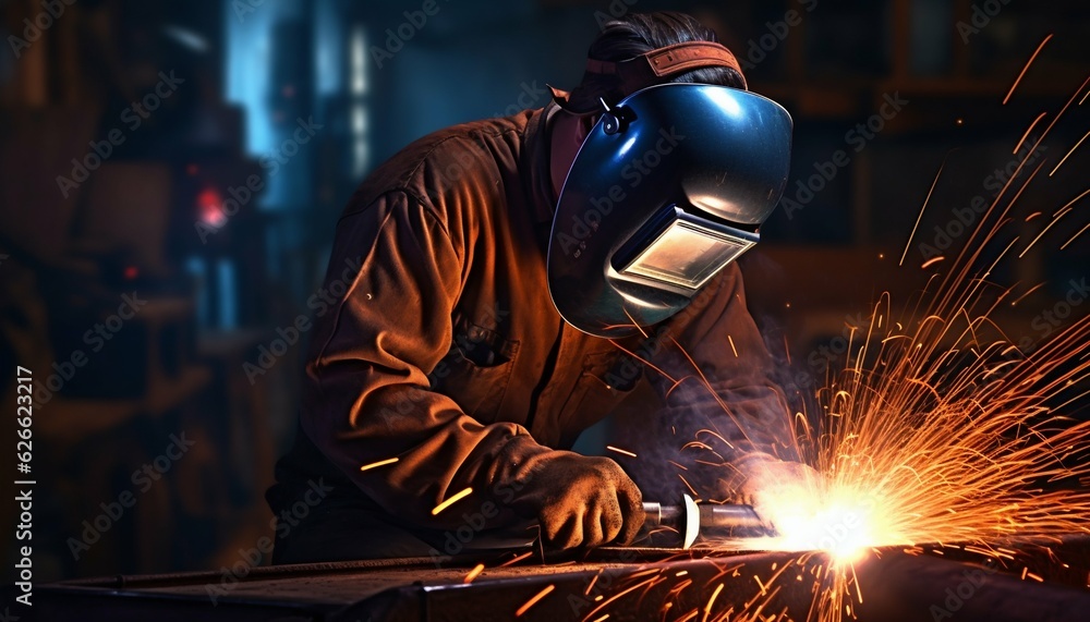 Welder at Work with Sparks, Construction Background. Generative ai