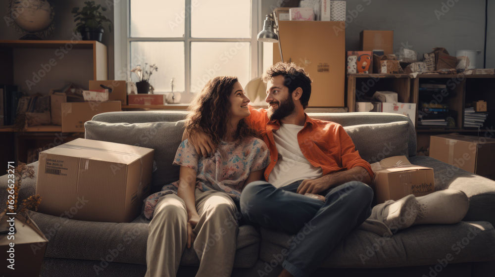Young couple sits on a couch in a new house or apartment surrounded by boxes from moving. Created with Generative AI technology.