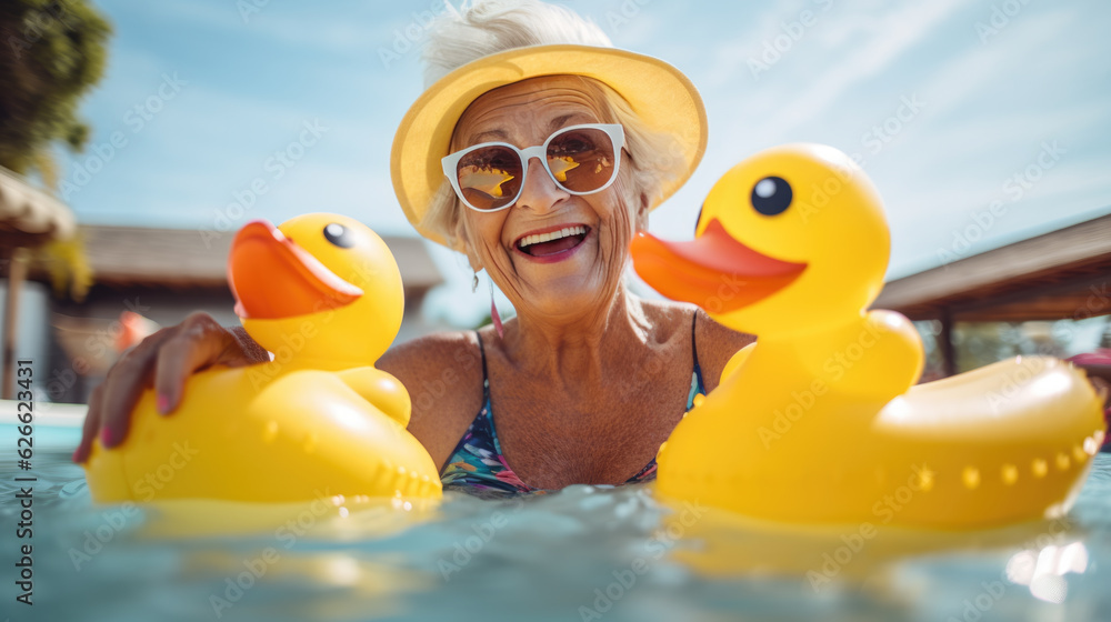 An elderly woman swims in a pool with a yellow inflatable duckling over the weekend. An elderly woman swims in a pool with a yellow inflatable duckling over the weekend.