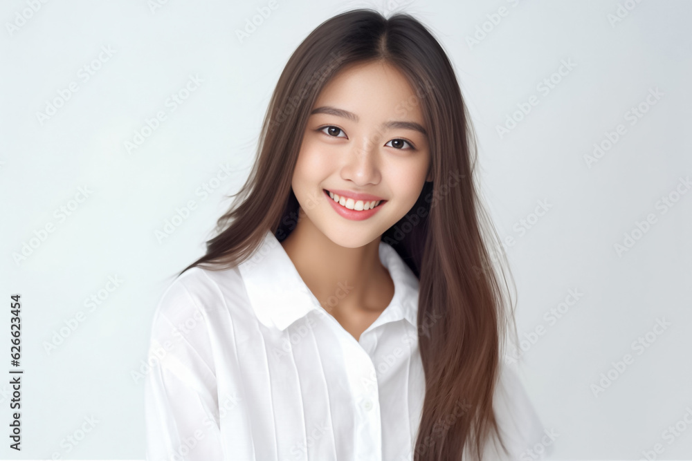 Smart Casual Office Shirt uniform Girl Teenager - Adult stands in front of White Background. generative AI Smart Casual Office Shirt uniform Girl Teenager - Adult stands in front of White Background. generative AI