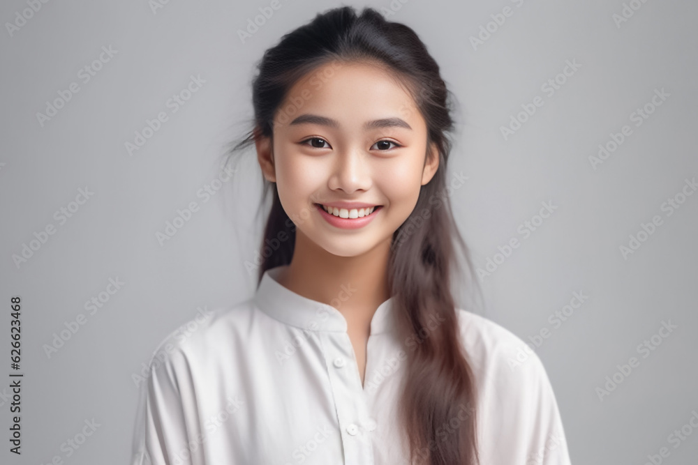 Smart Casual Office Shirt uniform Girl Teenager - Adult stands in front of White Background. generative AI Smart Casual Office Shirt uniform Girl Teenager - Adult stands in front of White Background. generative AI