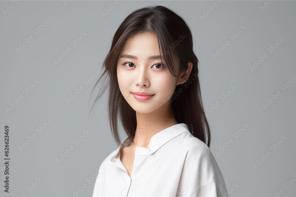 Smart Casual Office Shirt uniform Girl Teenager - Adult stands in front of White Background. generative AI Smart Casual Office Shirt uniform Girl Teenager - Adult stands in front of White Background. generative AI