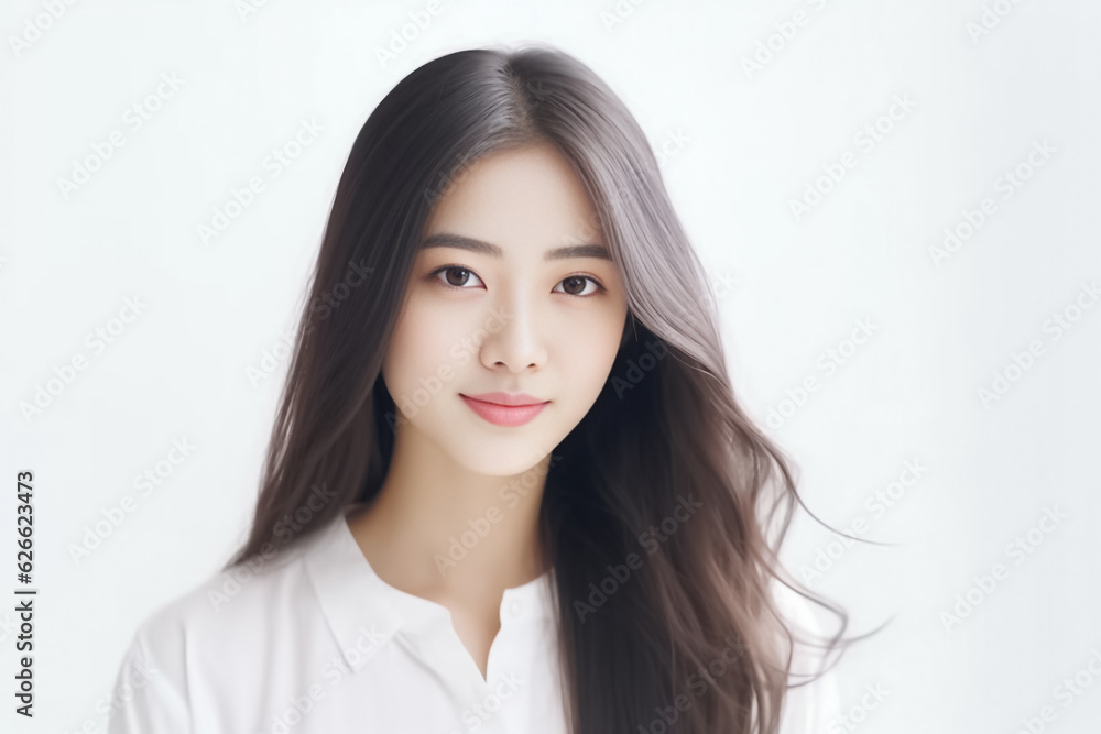 Smart Casual Office Shirt uniform Girl Teenager - Adult stands in front of White Background. generative AI Smart Casual Office Shirt uniform Girl Teenager - Adult stands in front of White Background. generative AI