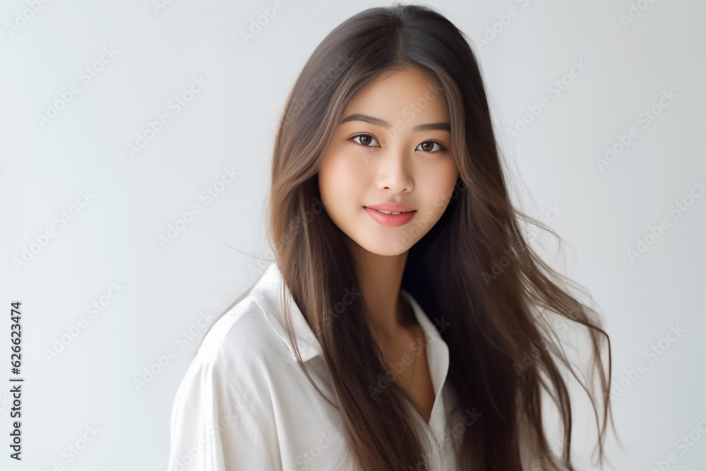Smart Casual Office Shirt uniform Girl Teenager - Adult stands in front of White Background. generative AI Smart Casual Office Shirt uniform Girl Teenager - Adult stands in front of White Background. generative AI