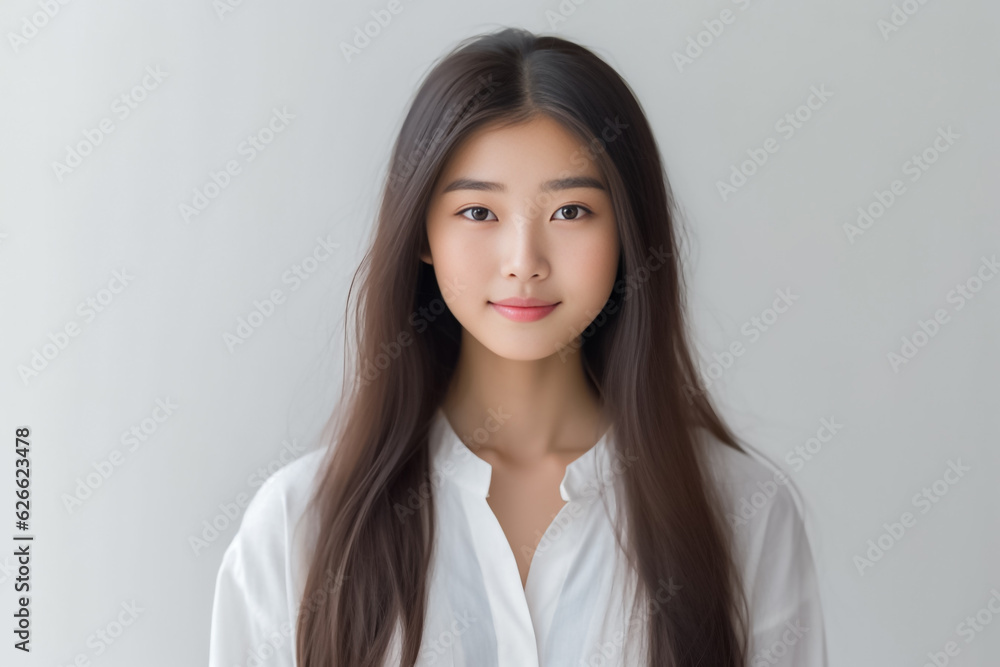 Smart Casual Office Shirt uniform Girl Teenager - Adult stands in front of White Background. generative AI Smart Casual Office Shirt uniform Girl Teenager - Adult stands in front of White Background. generative AI
