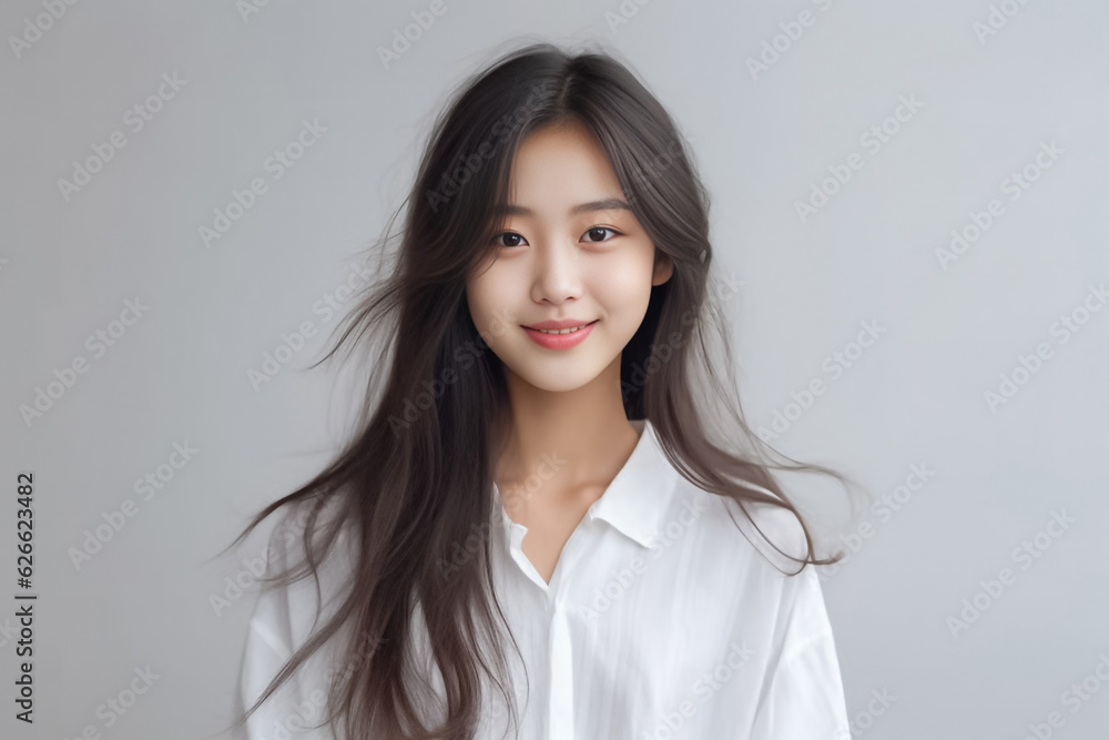 Smart Casual Office Shirt uniform Girl Teenager - Adult stands in front of White Background. generative AI Smart Casual Office Shirt uniform Girl Teenager - Adult stands in front of White Background. generative AI