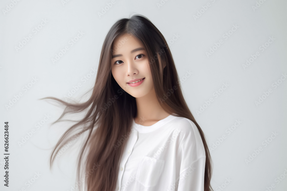 Smart Casual Office Shirt uniform Girl Teenager - Adult stands in front of White Background. generative AI Smart Casual Office Shirt uniform Girl Teenager - Adult stands in front of White Background. generative AI