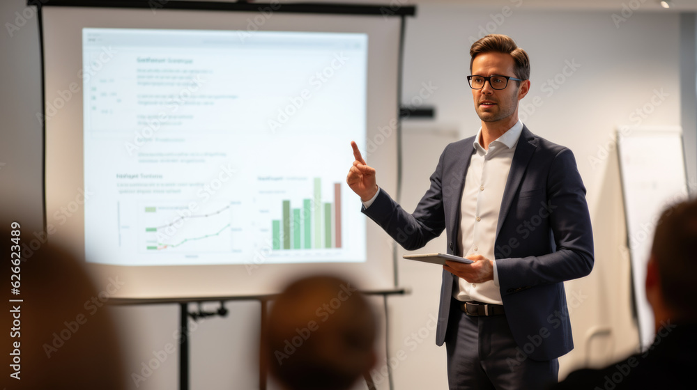 Businessman during a presentation in front of his colleagues at the office. Created with Generative AI technology. Businessman during a presentation in front of his colleagues at the office. Created with Generative AI technology.