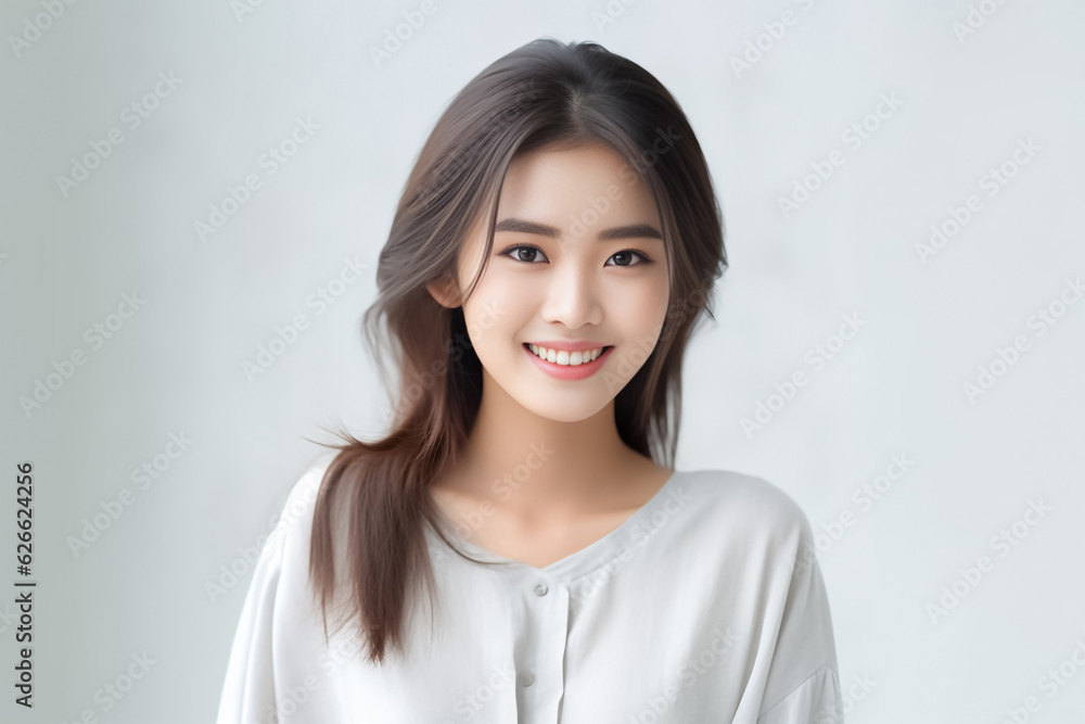 Pajamas on a Beautiful Asian Japanese Girl 16-30 years old, looks at the camera on White Background. generative AI Pajamas on a Beautiful Asian Japanese Girl 16-30 years old, looks at the camera on White Background. generative AI