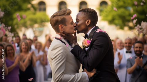 Portrait of a happy same-sex lgbt couple kissing during their wedding. Created with Generative AI technology. © MP Studio