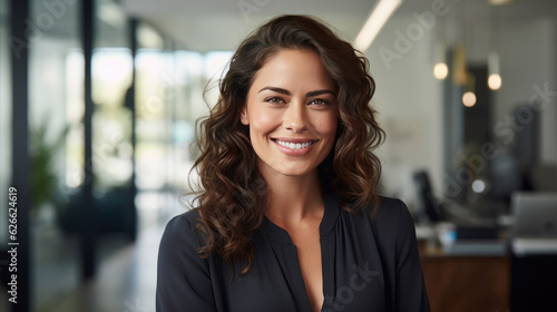 Close up portrait of a smiling young businesswoman in suit standing against office background.Created with Generative AI technology.