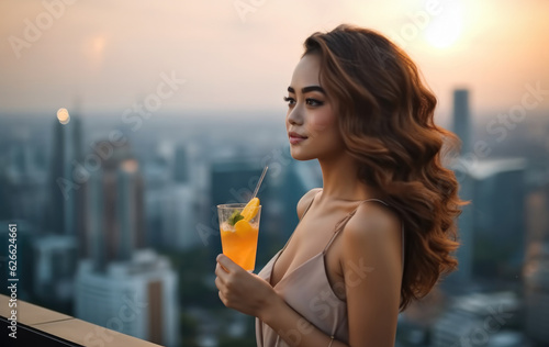 Asian woman drinking cocktail at skyscraper rooftop restaurant.