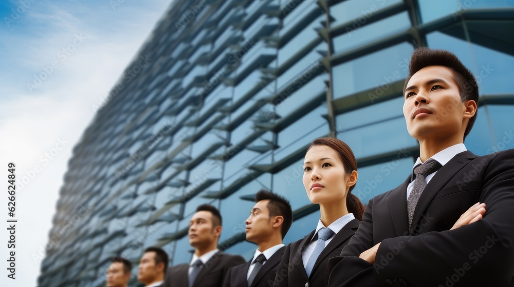 Low angle portrait of confident business team standing together standing against contemporary corporate skyscrapers, Leadership and determined to success. Low angle portrait of confident business team standing together standing against contemporary corporate skyscrapers, Leadership and determined to success.
