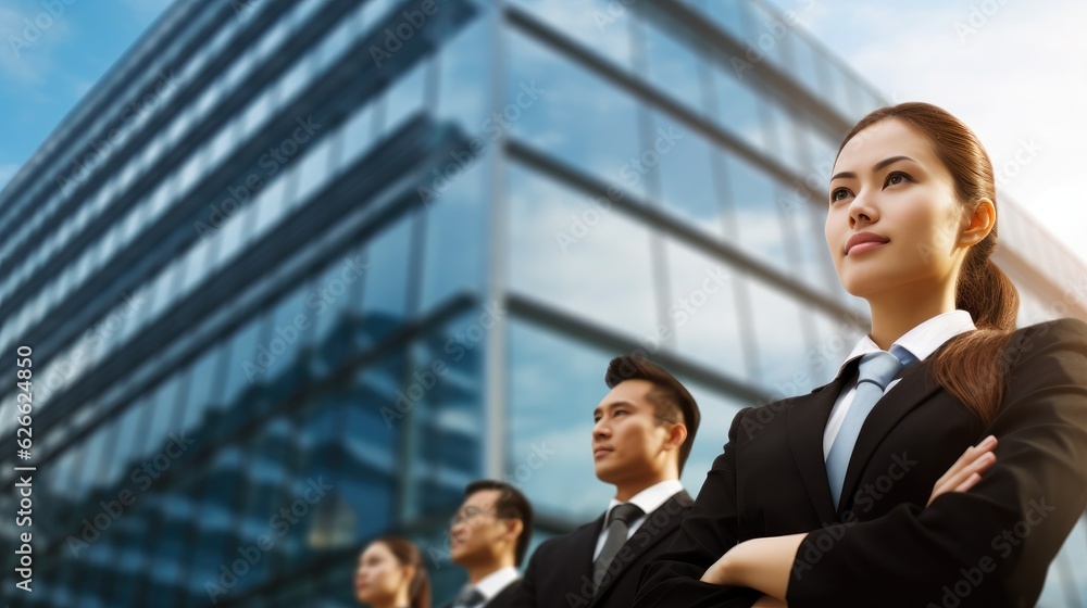 Low angle portrait of confident business team standing together standing against contemporary corporate skyscrapers, Leadership and determined to success. Low angle portrait of confident business team standing together standing against contemporary corporate skyscrapers, Leadership and determined to success.