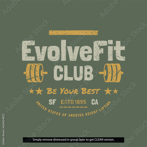 EvolveFit Club Vintage Distressed Clean Grunge Gym Fitness Lockup Type Badge Logo