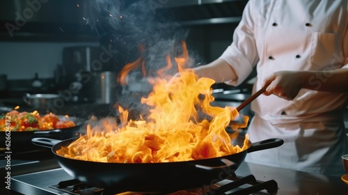 Chef in restaurant kitchen at stove with high burning flames, Chef hands keep wok with fire.