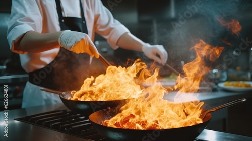 Closeup chef hands cook food with fire in kitchen at restaurant.