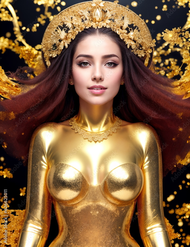 Portrait of a beautiful woman covered in gold.Princess and queen.Digital creative designer fashion glamour art.