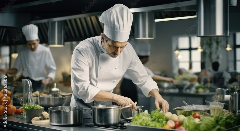 Chefs in commercial kitchen, Head chef finishing dish in kitchen at restaurant. Chefs in commercial kitchen, Head chef finishing dish in kitchen at restaurant.