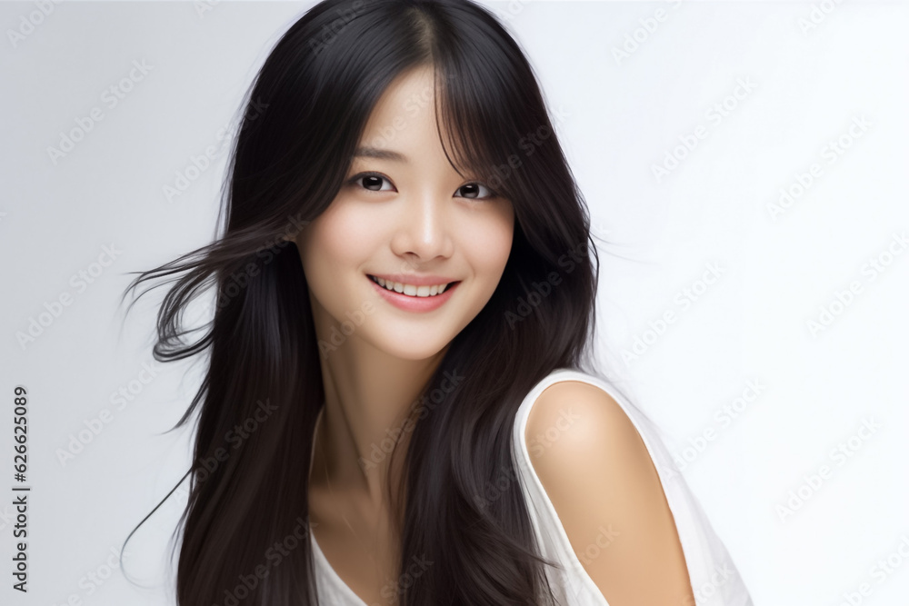 Portrait of Beautiful Asian Woman with her Smooth skin look at camera on White background in Studio light. generative AI. Portrait of Beautiful Asian Woman with her Smooth skin look at camera on White background in Studio light. generative AI.
