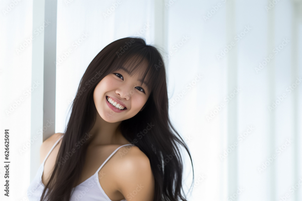 Portrait of Beautiful Asian Woman with her Smooth skin look at camera on White background in Studio light. generative AI. Portrait of Beautiful Asian Woman with her Smooth skin look at camera on White background in Studio light. generative AI.