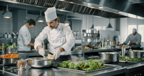 Chefs in commercial kitchen, Head chef finishing dish in kitchen at restaurant.