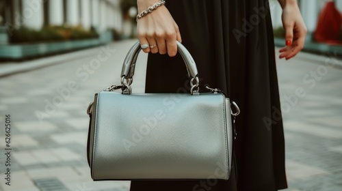 Female hand holds a square leather bag in street.