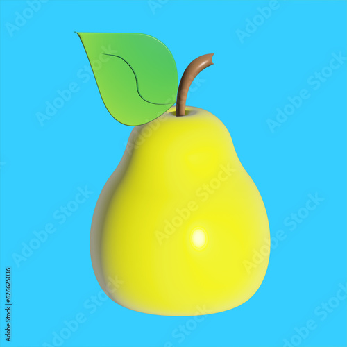 Yellow pear on blue background 3D illustration healthy fruit