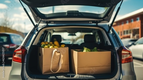 Fresh vegetable with groceries from a supermarket in a car trunk, Shopping in the supermarket.