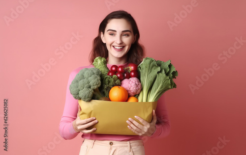 Young female holding shopping bags full of fresh vegetable isolated on pink background  Shopping in the supermarket.