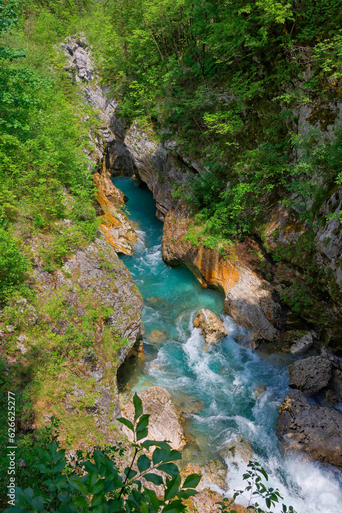 Velika Korita or Great canyon of Soca river, Bovec, Slovenia. Beautiful vivid turquoise river stream rapids, running through canyon surrounded by forest. Soca river, Triglav National Park, Julian Alps Velika Korita or Great canyon of Soca river, Bovec, Slovenia. Beautiful vivid turquoise river stream rapids, running through canyon surrounded by forest. Soca river, Triglav National Park, Julian Alps