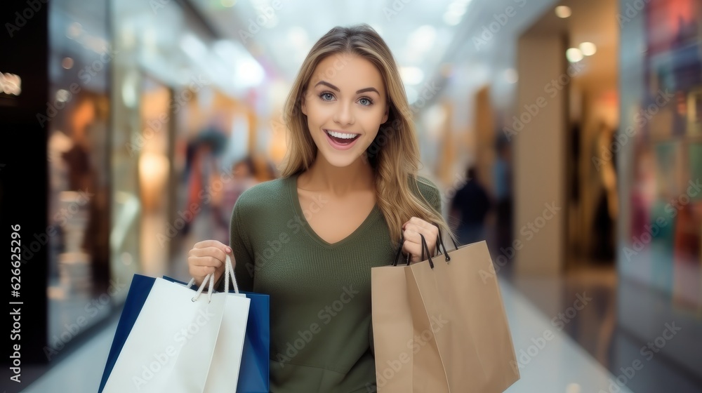 Smiling young woman with shopping bags over mall background. Smiling young woman with shopping bags over mall background.