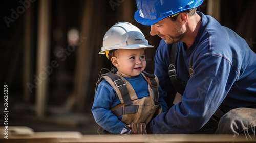 Father and little son playing realistic construction workers in special uniforms at a construction site.