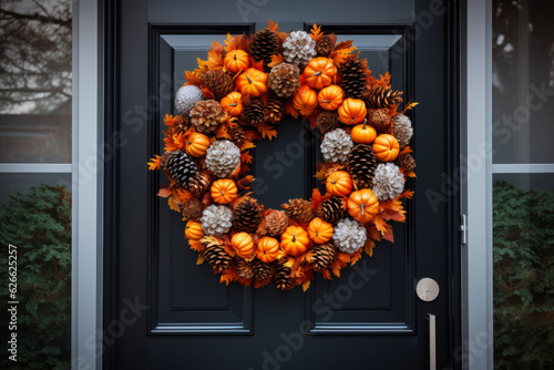 beautiful rustic autumn wreath decoration with leaves, pine cones and pumpkins on a door © ink drop