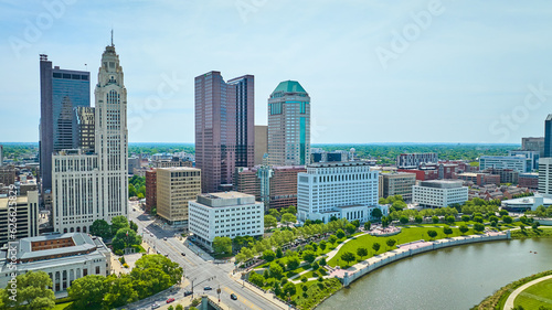 Aerial summer downtown Columbus Ohio skyscrapers with Scioto River