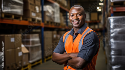 Warehouse worker in a special uniform against the background of racks with parcels.