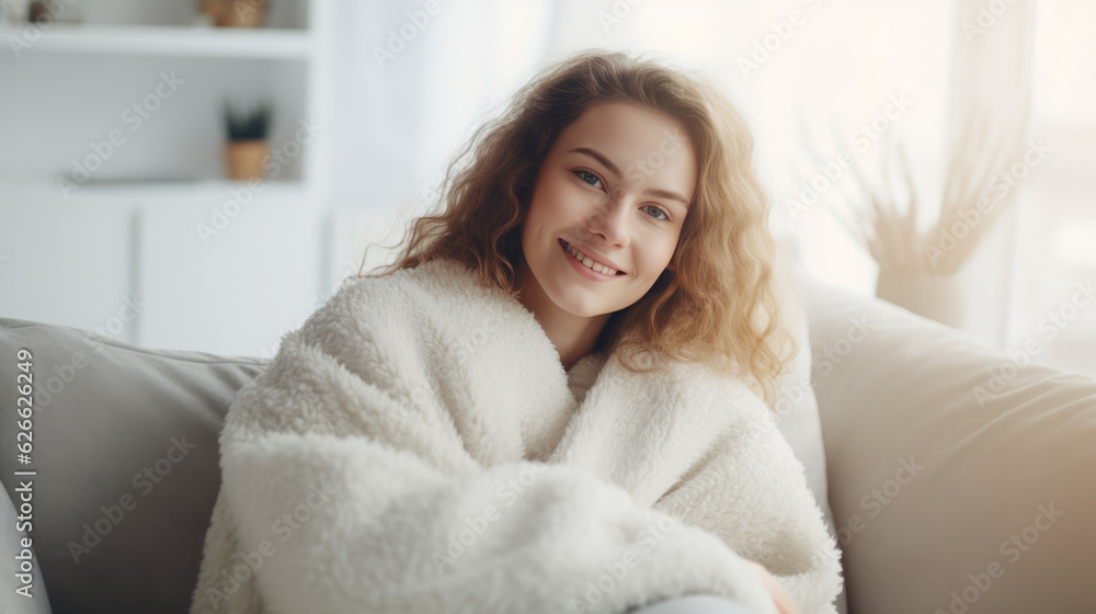 Beautiful young girl sits on the couch at home wrapped in a warm blanket. Beautiful young girl sits on the couch at home wrapped in a warm blanket.