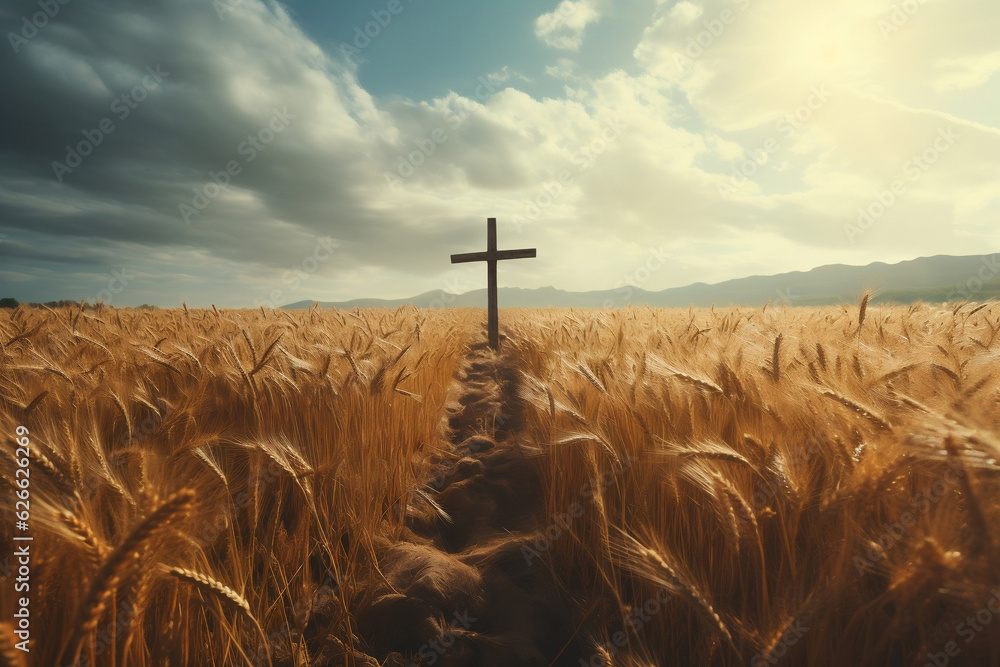 Field of wheat blowing in wind with lone wooden cross in distance - obrazy, fototapety, plakaty 