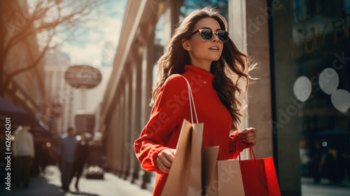 Young woman stands on the street with bags while shopping. Created with Generative AI technology. photo