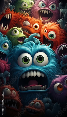 Bright Colorful Background with Angry Monsters. Generative ai