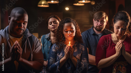 Group of people during prayer in a church.
