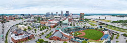 Panorama Louisville Kentucky aerial with highway system and Louisville Slugger Field aerial