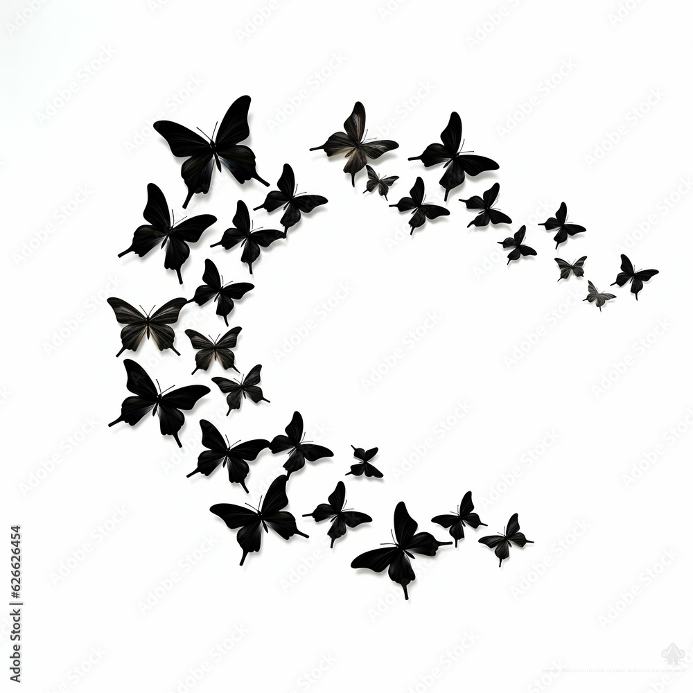 Swirl of Black Butterflies Isolated on White Background. Generative ai Swirl of Black Butterflies Isolated on White Background. Generative ai