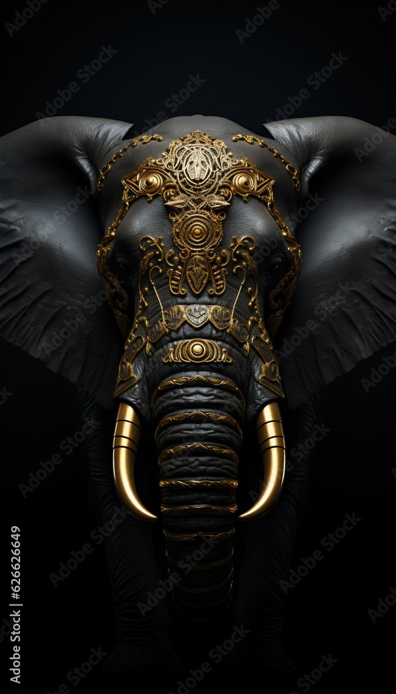 Black and Golden Elephant Isolated on Black Background. Generative ai