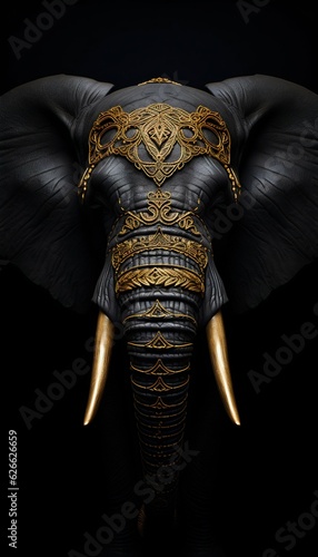 Black and Golden Elephant Isolated on Black Background. Generative ai
