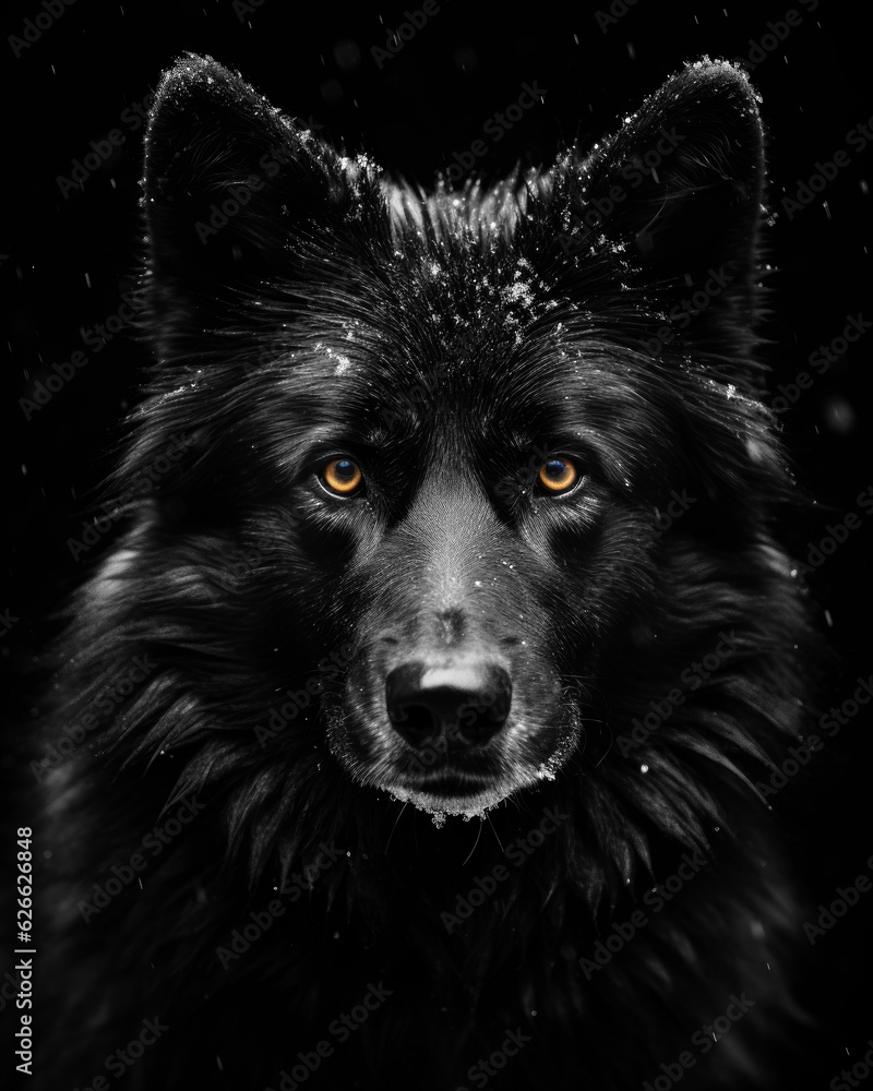 Generated photorealistic portrait of a black wolf with orange eyes and large snowflakes on its fur in black and white format