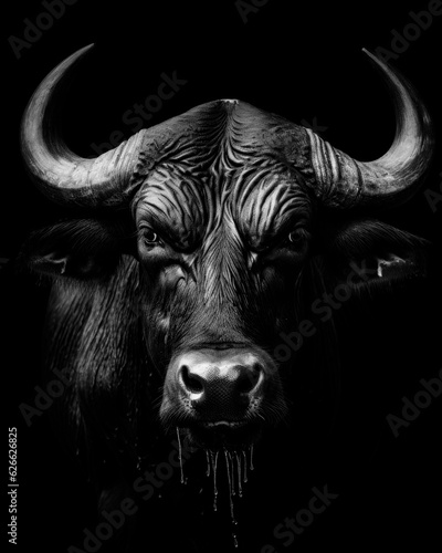 Generated photorealistic portrait of a buffalo with long horns in black and white
